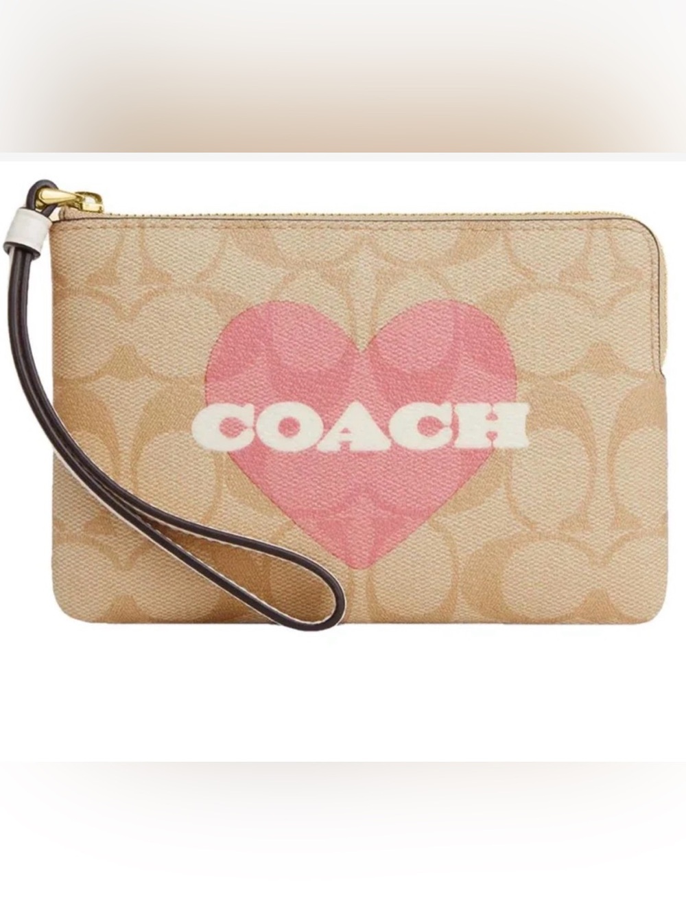 Coach Pink Heart Corner Zip Wristlet tan canvas and leather 2023 -CP436 LIKE NEW